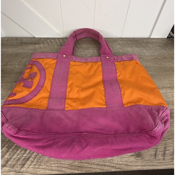Vintage Tory Burch Canvas Tote Bag Orange Fuchsia Pink - Picture 5 of 13